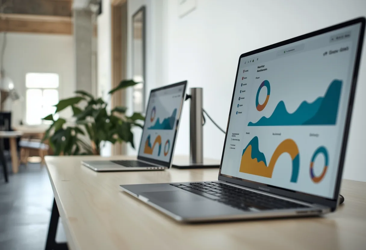 Werkplek met laptop en monitor in een licht kantoor