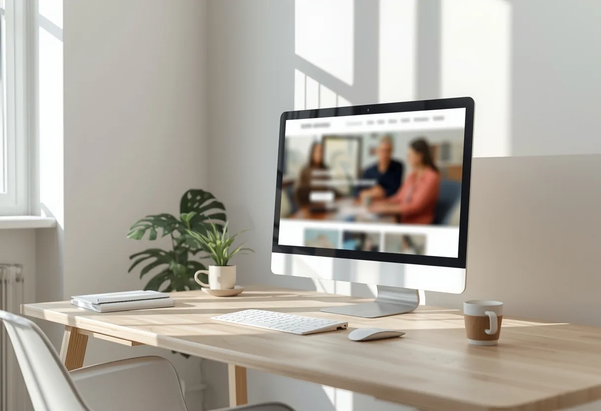 Werkplek met een website op het scherm